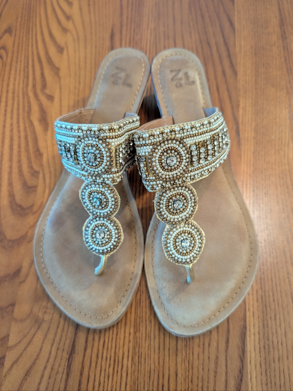 Leather Beaded, Rhinestone T-Strap Sandals in Gold - Size 38EU